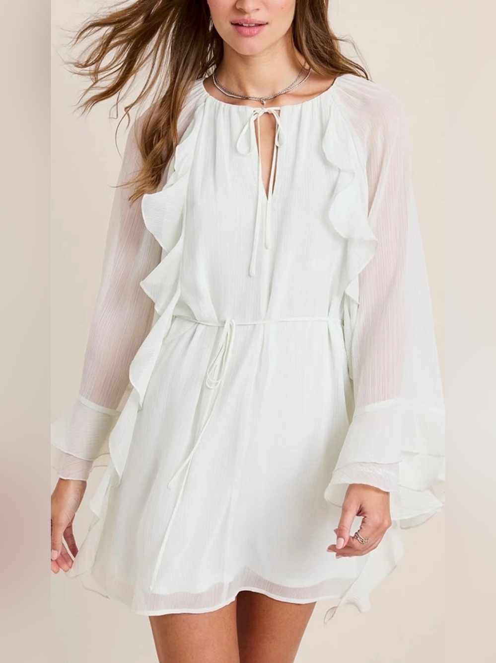 Francesca's Collections White Ruffle Tie-Waist Long Sleeve Dress
